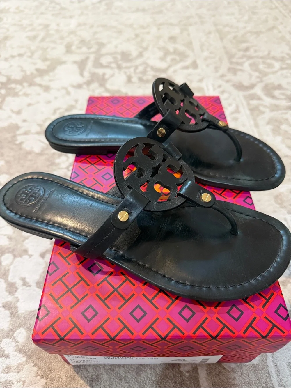 Tory Burch Black Miller Logo Leather Thong Sandals